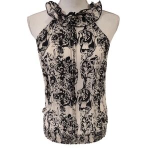 Guess L.A. Womens Black White Graphic Print Halter Top Ruffle Neck Sz Small